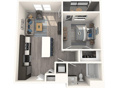 Floor plan for 1 bed, 1 bath, 708 sqft